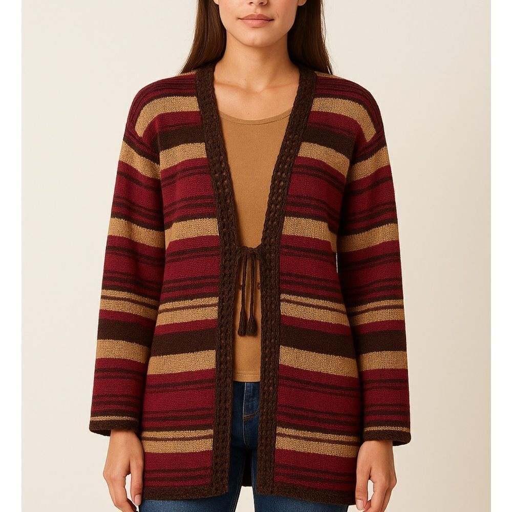 CC Magenta, Purple, Tan And Brown Striped Long Tie Front Cardigan-XL